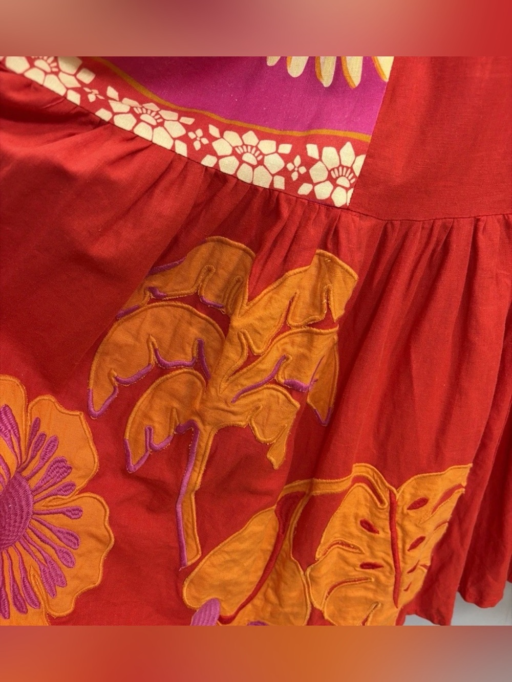 FARM RIO RED/PINK FLORAL L/S BOHO SUNSET PATCHWORK MAXI DRESS SIZE XL - Picture 4 of 5